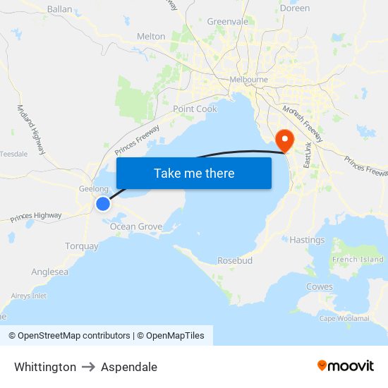 Whittington to Aspendale map