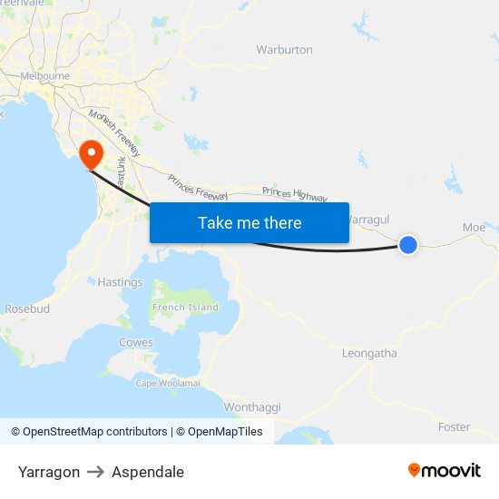 Yarragon to Aspendale map