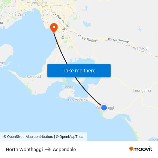 North Wonthaggi to Aspendale map