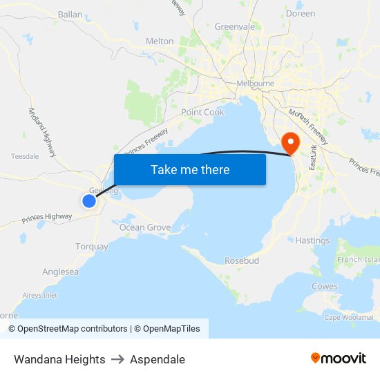 Wandana Heights to Aspendale map