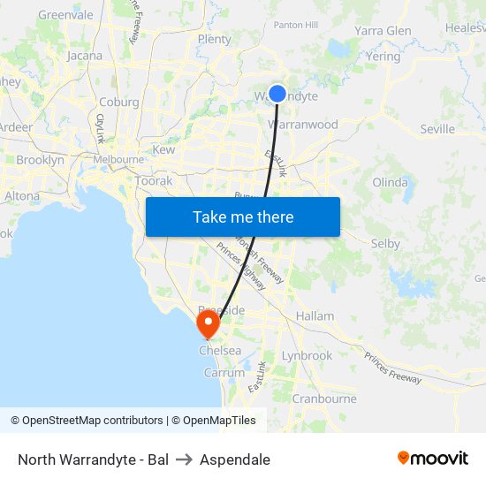 North Warrandyte - Bal to Aspendale map
