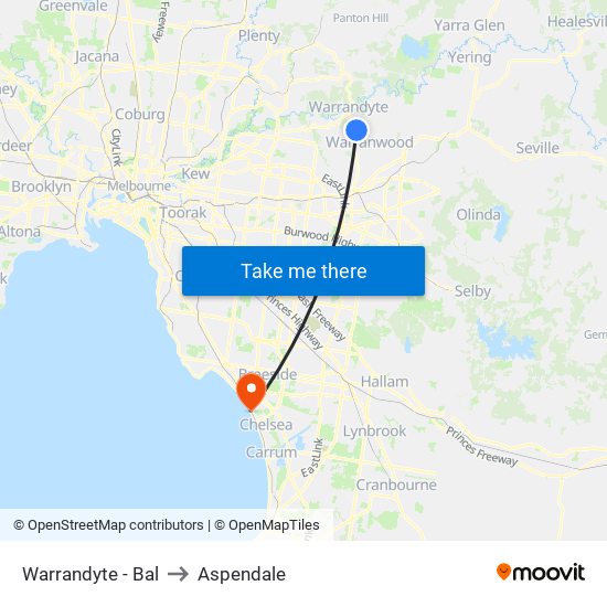 Warrandyte - Bal to Aspendale map