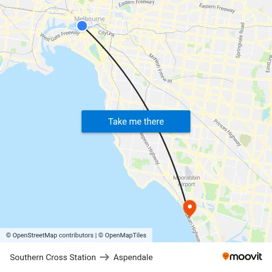 Southern Cross Station to Aspendale map