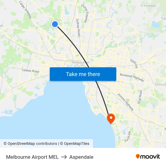 Melbourne Airport MEL to Aspendale map
