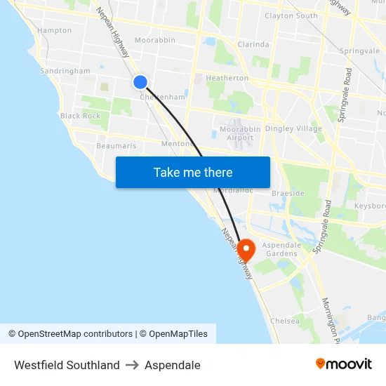 Westfield Southland to Aspendale map
