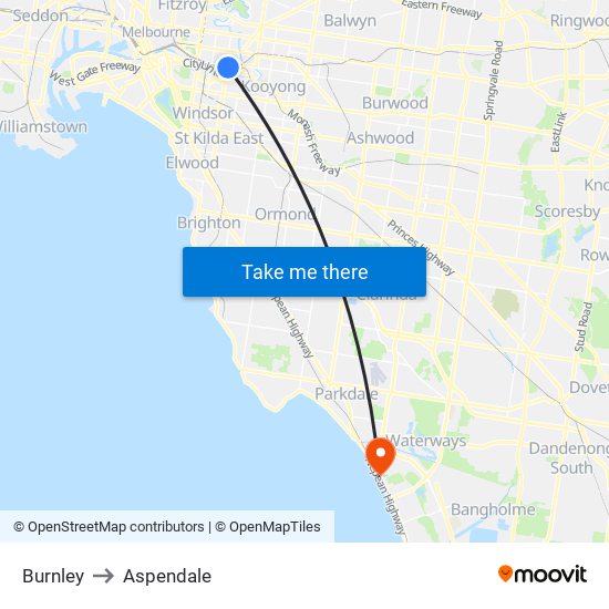 Burnley to Aspendale map