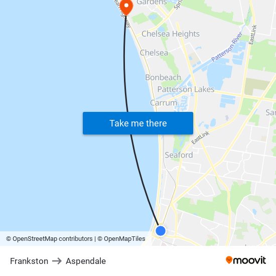 Frankston to Aspendale map