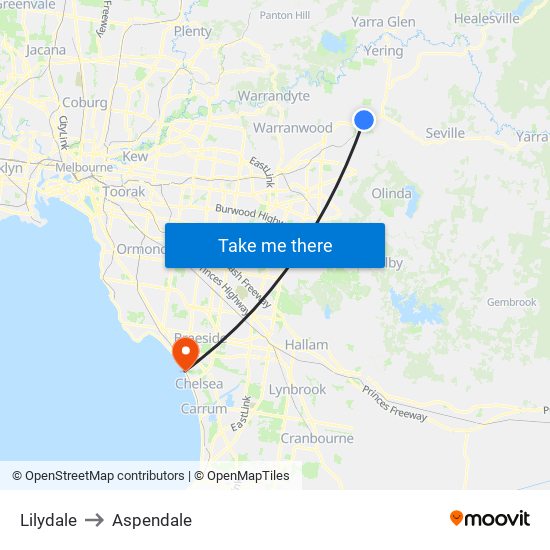 Lilydale to Aspendale map