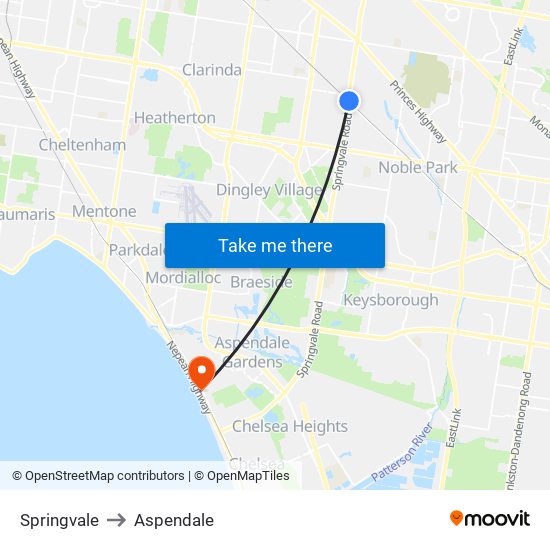 Springvale to Aspendale map