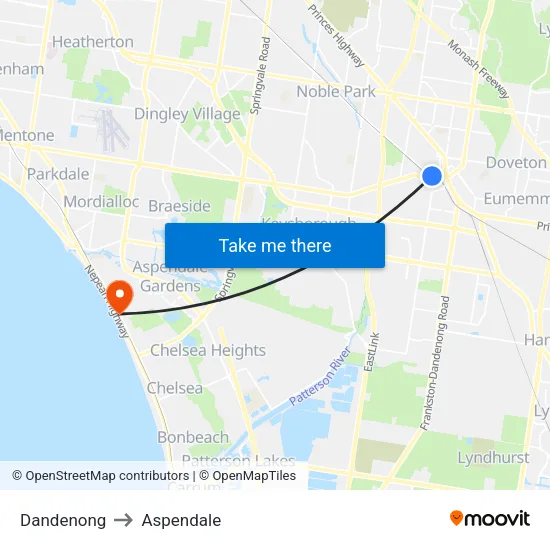 Dandenong to Aspendale map
