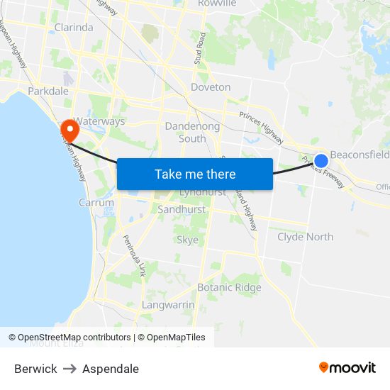 Berwick to Aspendale map