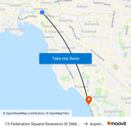 13-Federation Square/Swanston St (Melbourne City) to Aspendale map