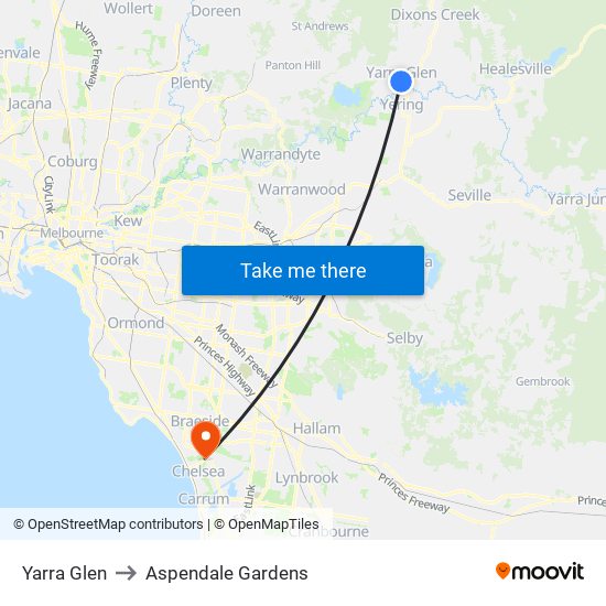 Yarra Glen to Aspendale Gardens map