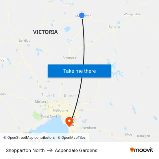 Shepparton North to Aspendale Gardens map