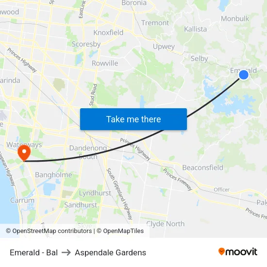 Emerald - Bal to Aspendale Gardens map