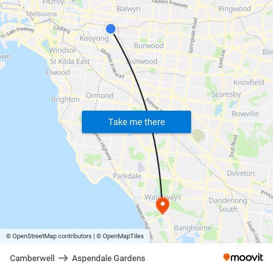 Camberwell to Aspendale Gardens map