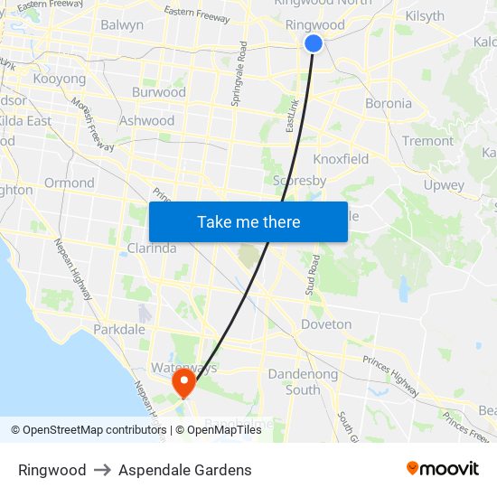 Ringwood to Aspendale Gardens map