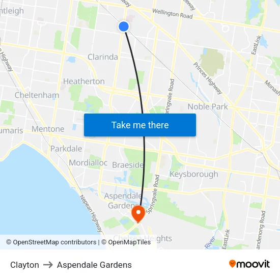 Clayton to Aspendale Gardens map