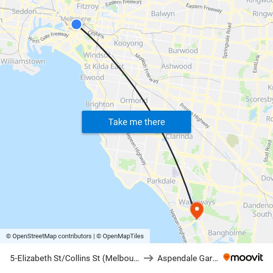 5-Elizabeth St/Collins St (Melbourne City) to Aspendale Gardens map