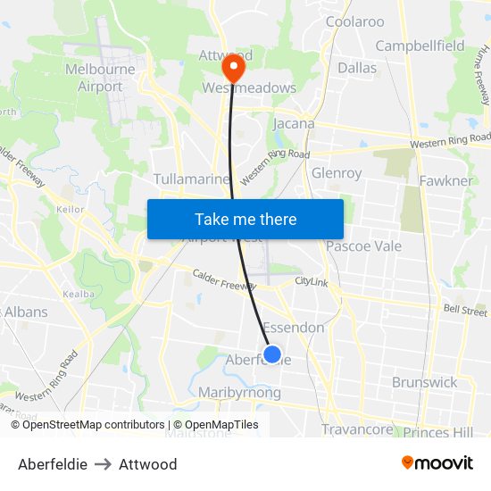 Aberfeldie to Attwood map