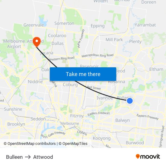 Bulleen to Attwood map