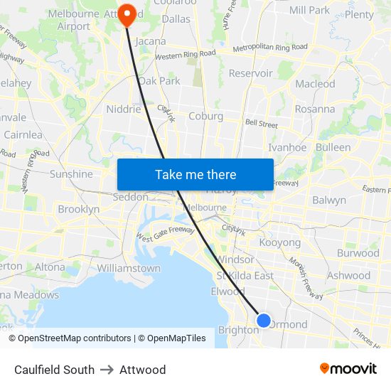 Caulfield South to Attwood map