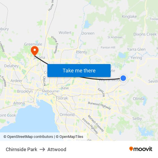Chirnside Park to Attwood map