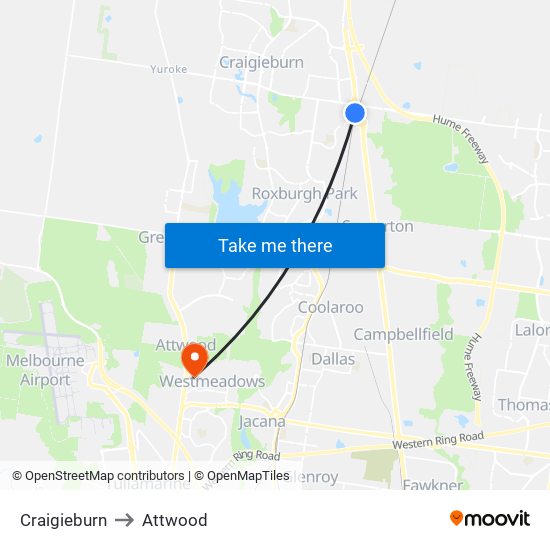 Craigieburn to Attwood map