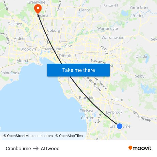 Cranbourne to Attwood map