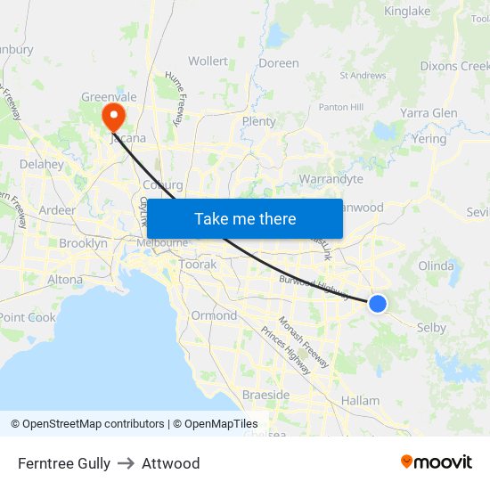 Ferntree Gully to Attwood map