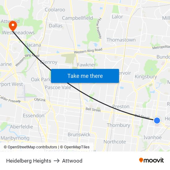 Heidelberg Heights to Attwood map