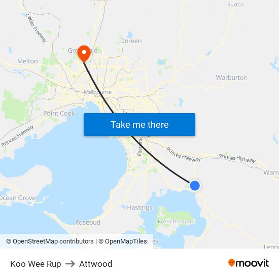 Koo Wee Rup to Attwood map