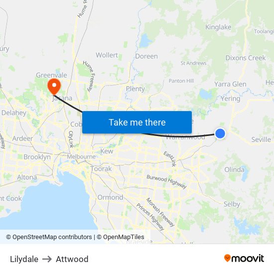 Lilydale to Attwood map