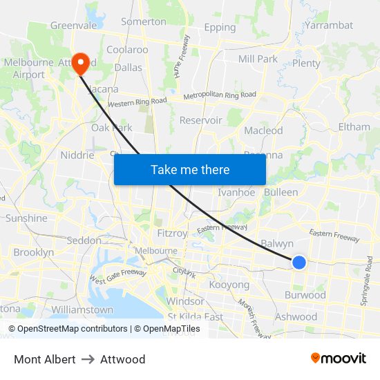 Mont Albert to Attwood map