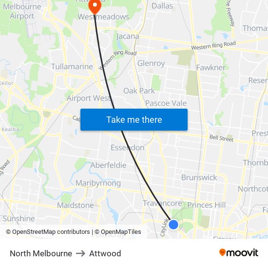 North Melbourne to Attwood map