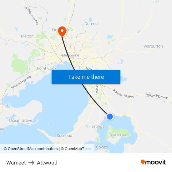 Warneet to Attwood map