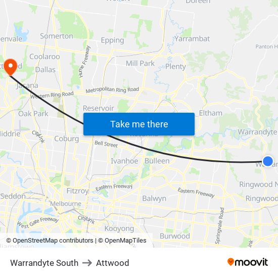 Warrandyte South to Attwood map