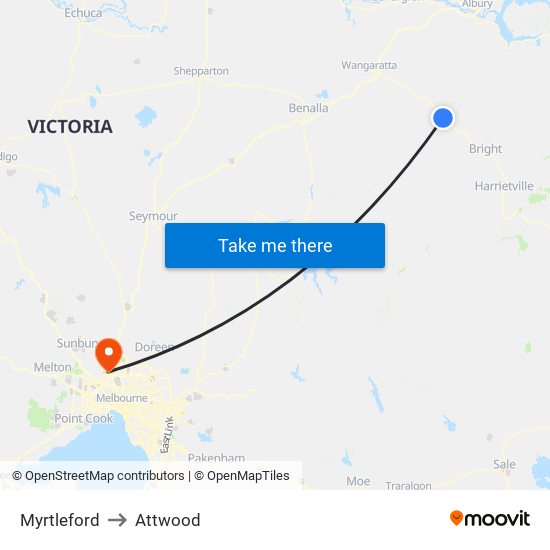 Myrtleford to Attwood map