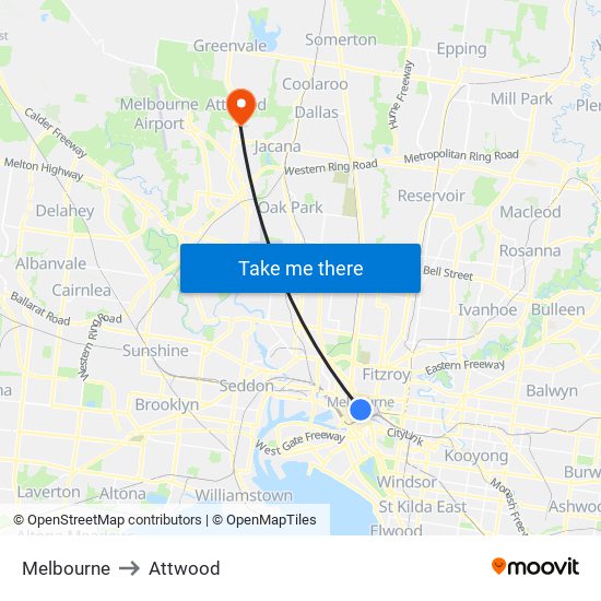 Melbourne to Attwood map