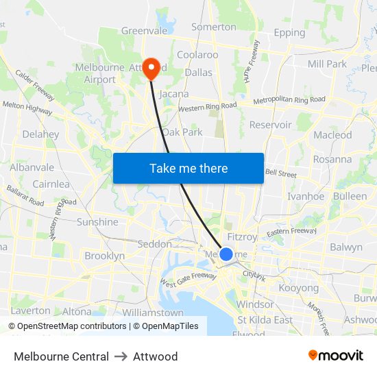 Melbourne Central to Attwood map