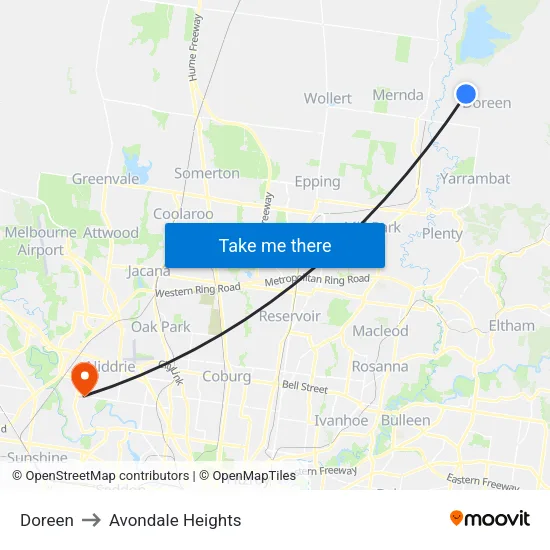 Doreen to Avondale Heights map