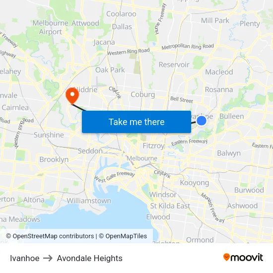 Ivanhoe to Avondale Heights map