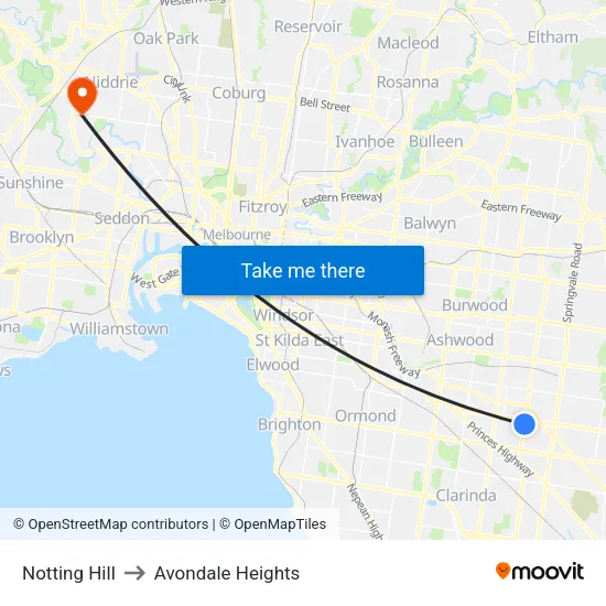 Notting Hill to Avondale Heights map