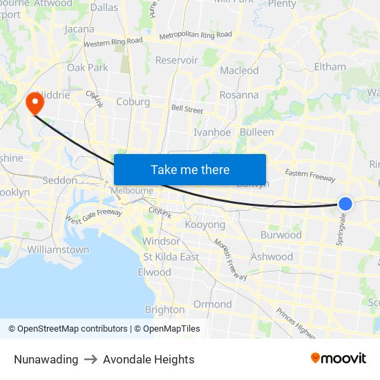 Nunawading to Avondale Heights map