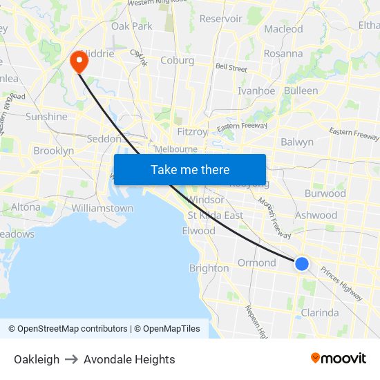 Oakleigh to Avondale Heights map