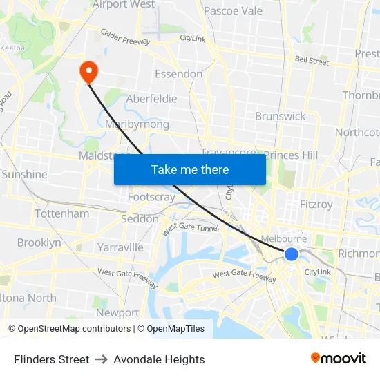 Flinders Street to Avondale Heights map