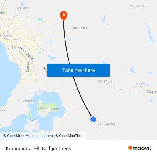 Korumburra to Badger Creek map
