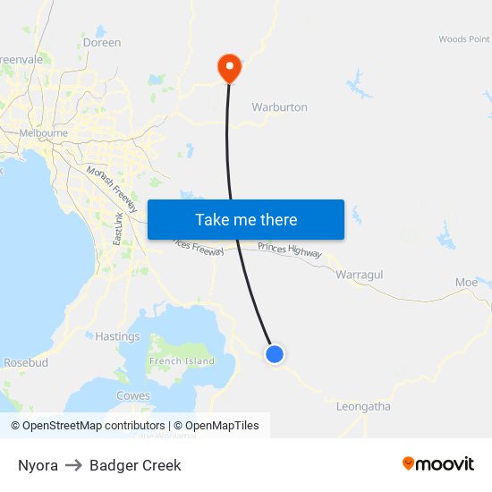 Nyora to Badger Creek map