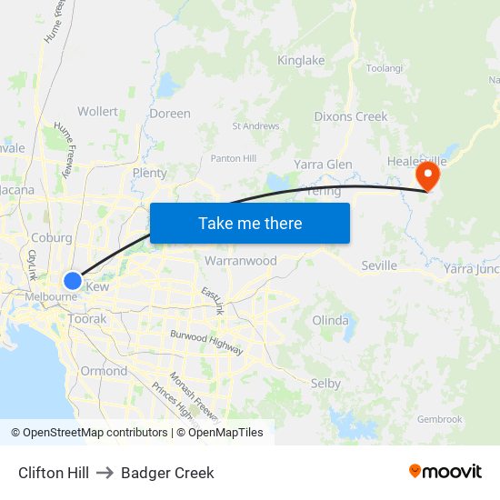 Clifton Hill to Badger Creek map