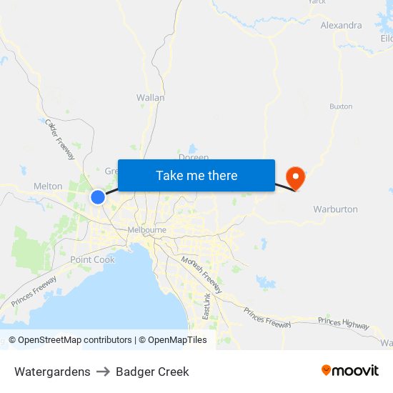 Watergardens to Badger Creek map